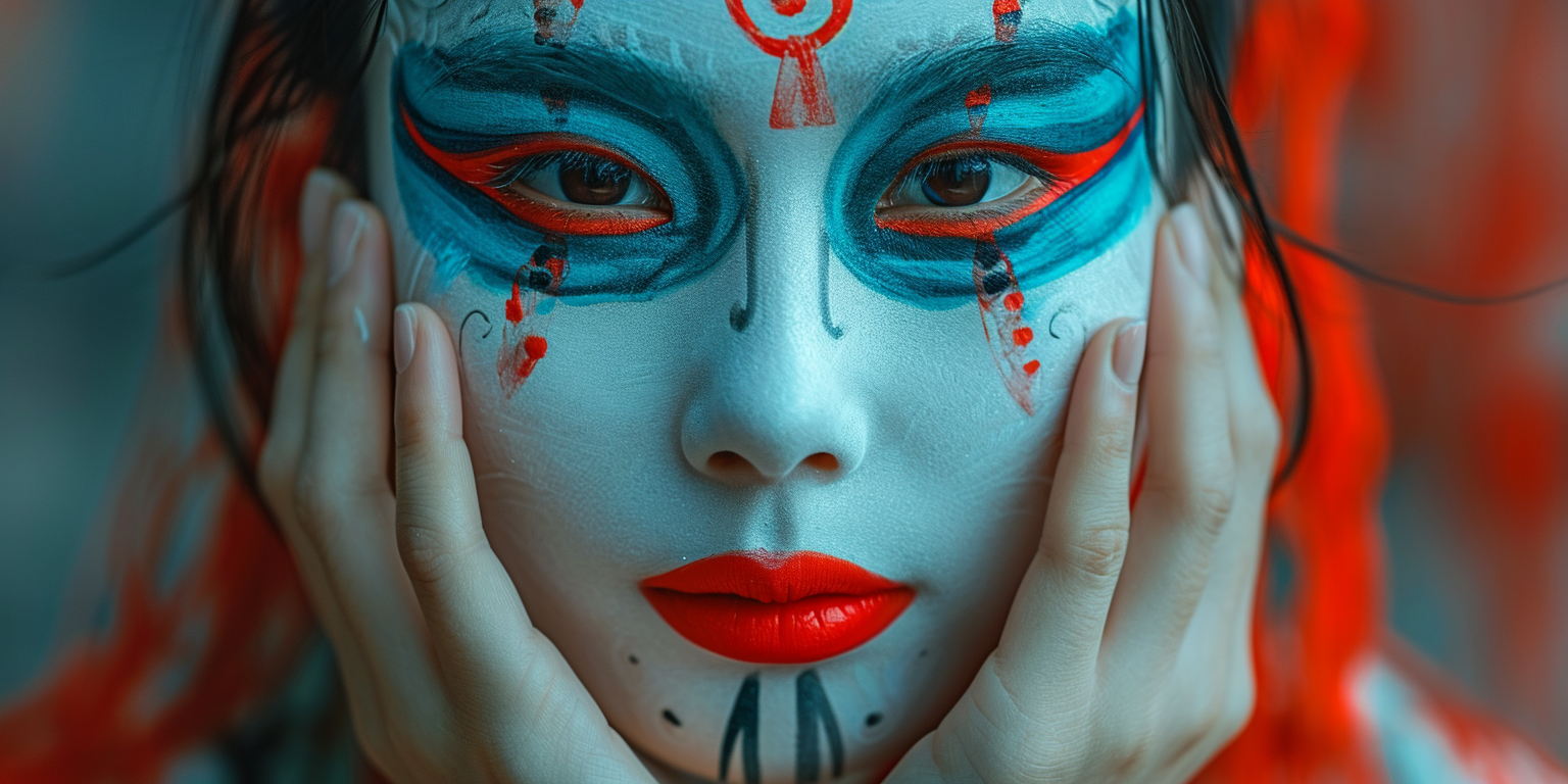 Asian girl with theatrical mask and black hair