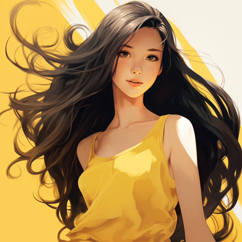 Confident Asian girl in yellow dress with long hair