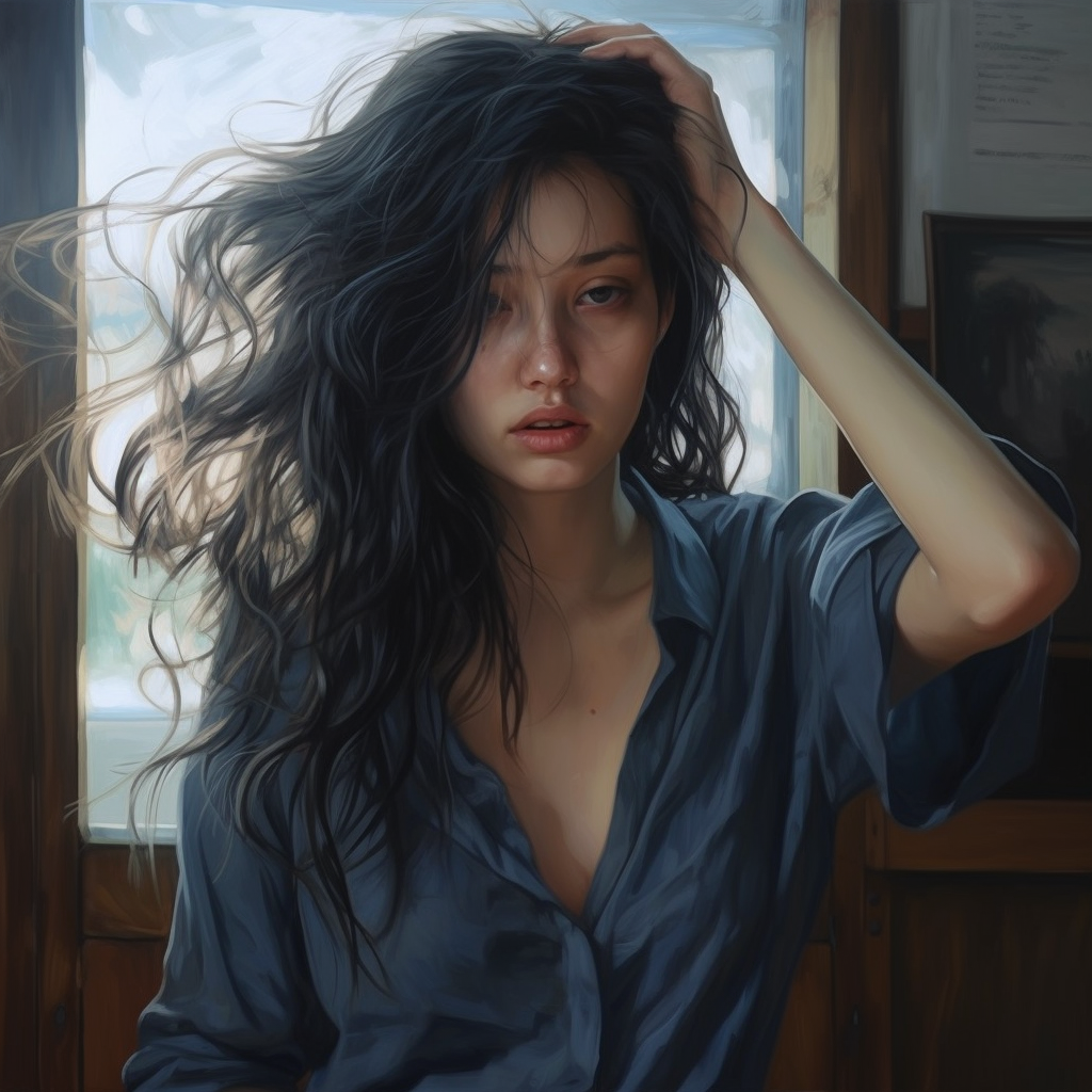 Unhappy Asian Korean girl with dirty and oily hair  ??‍♀️