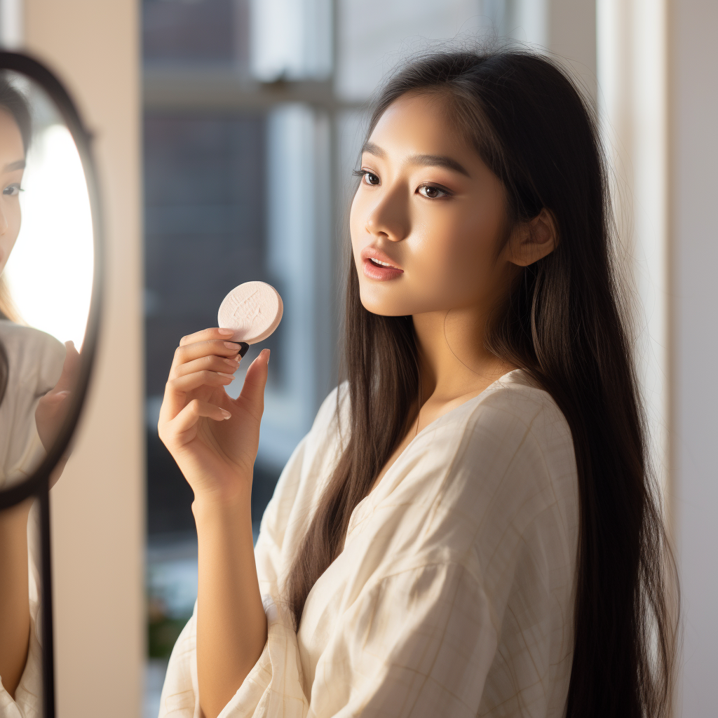 Asian lady applying makeup with sponge and powder