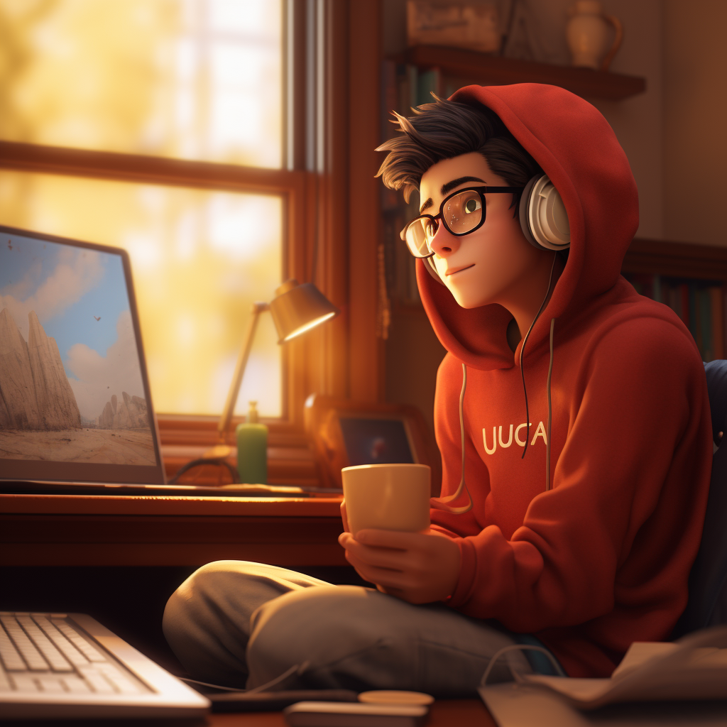 Asian Male Composer in Red Hoodie and Glasses