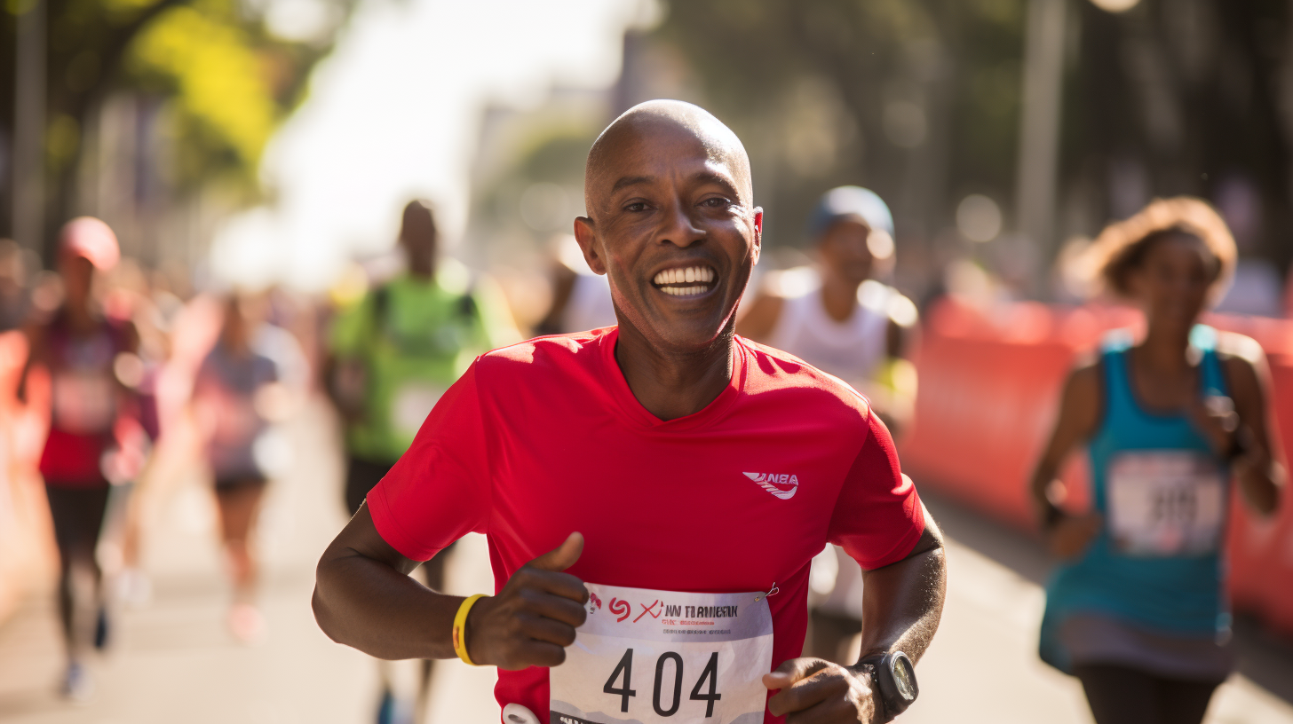 Asian man running marathon with pacemaker