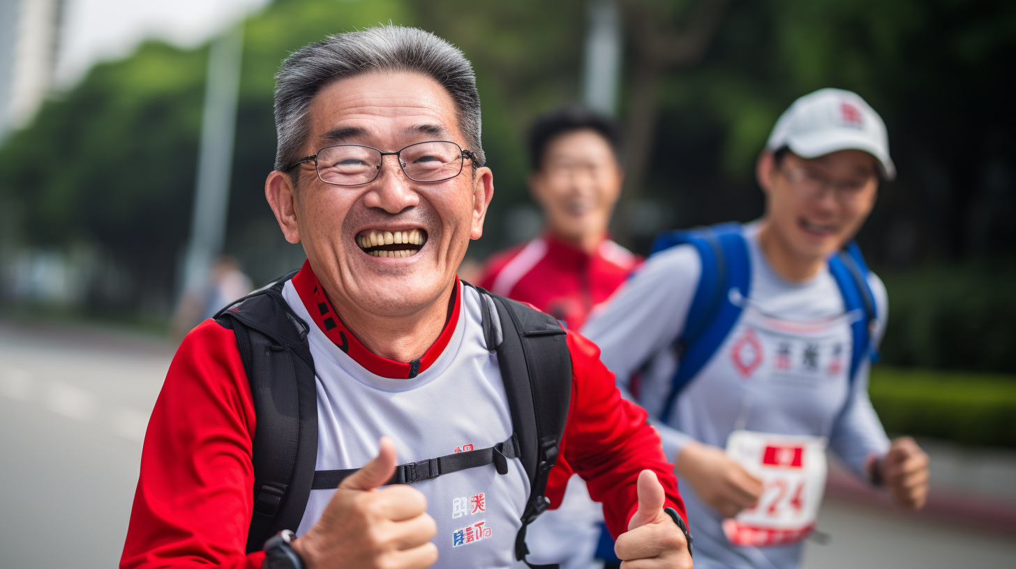 Asian man running marathon with pacemaker beside him