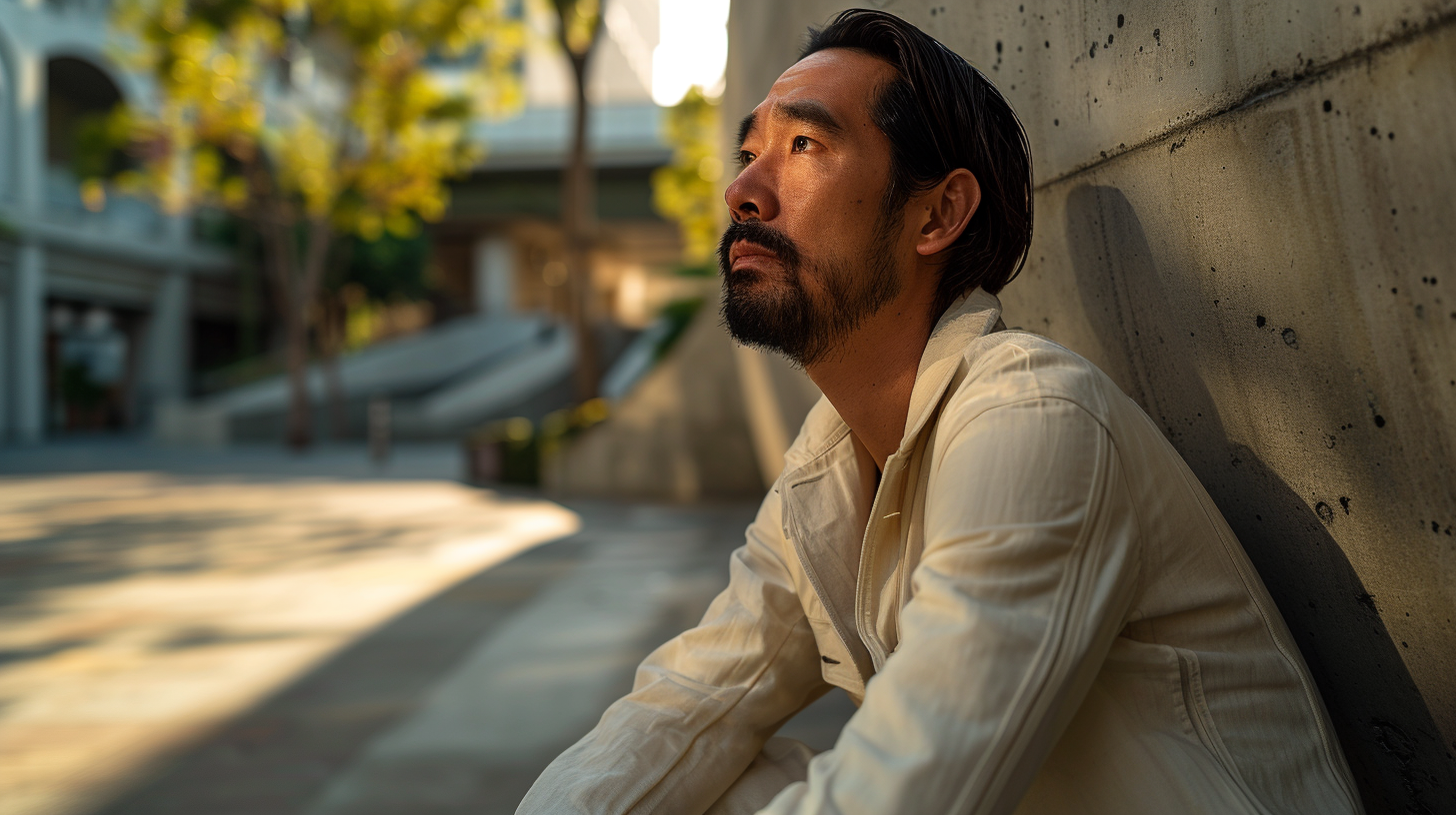 Asian Man in White Hermes Jacket leaning against sculpture