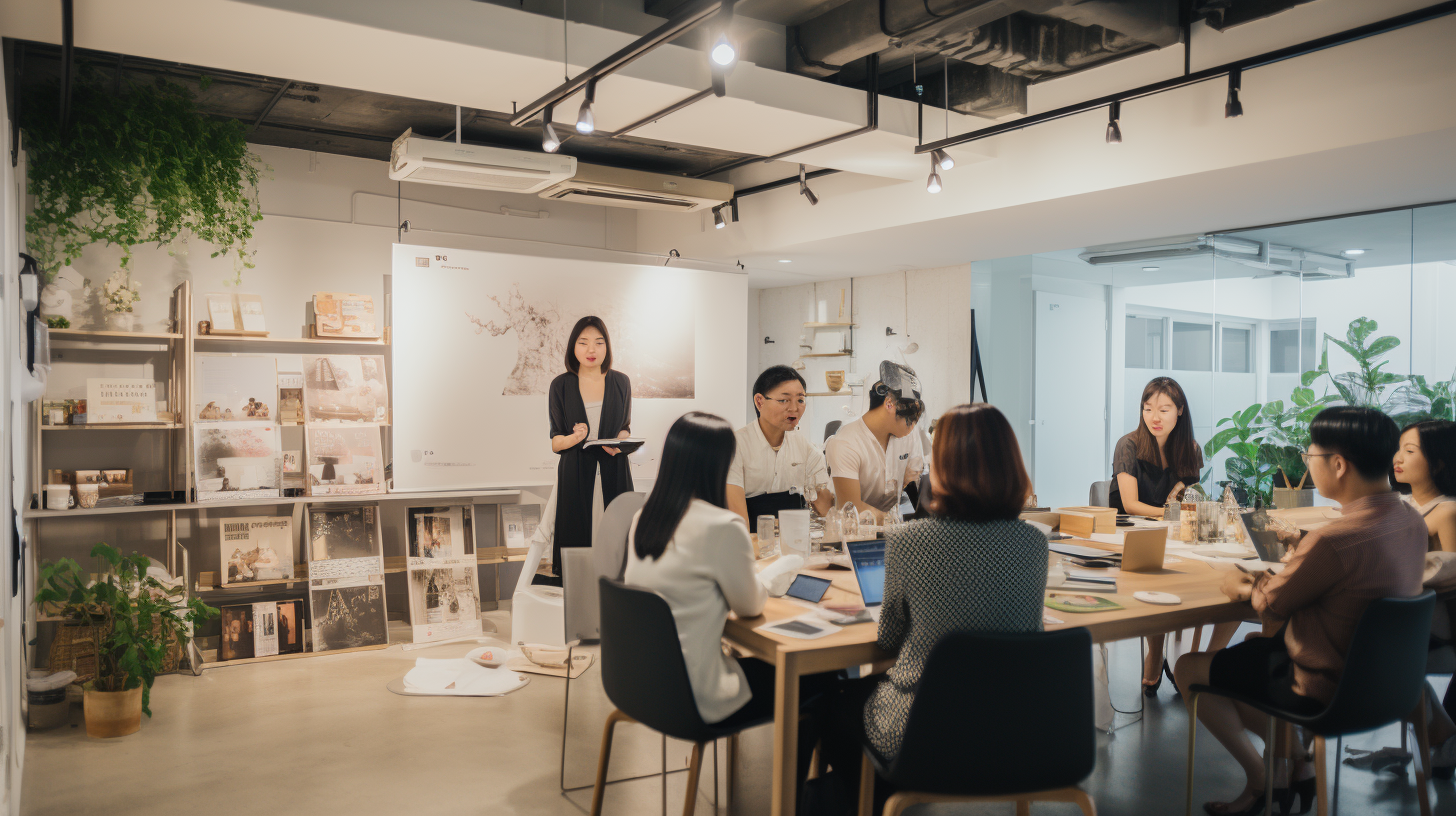Asian marketers and designers training in minimalist office