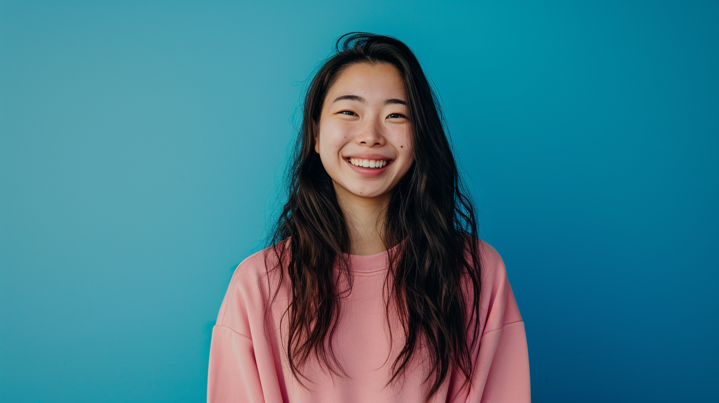 Asian model smiling in pink sweatshirt