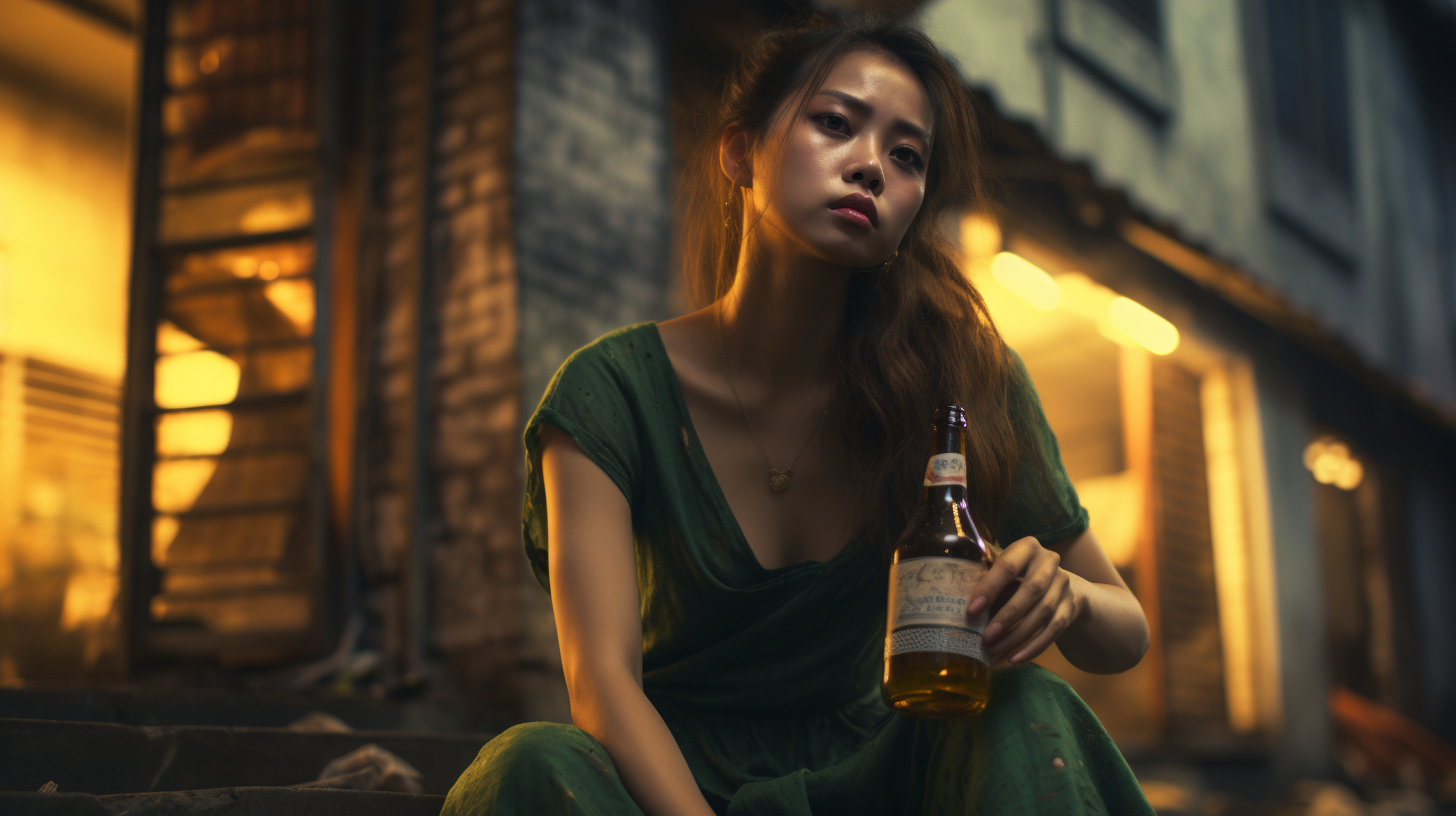 Poor Asian Woman Drinking Beer with Tears