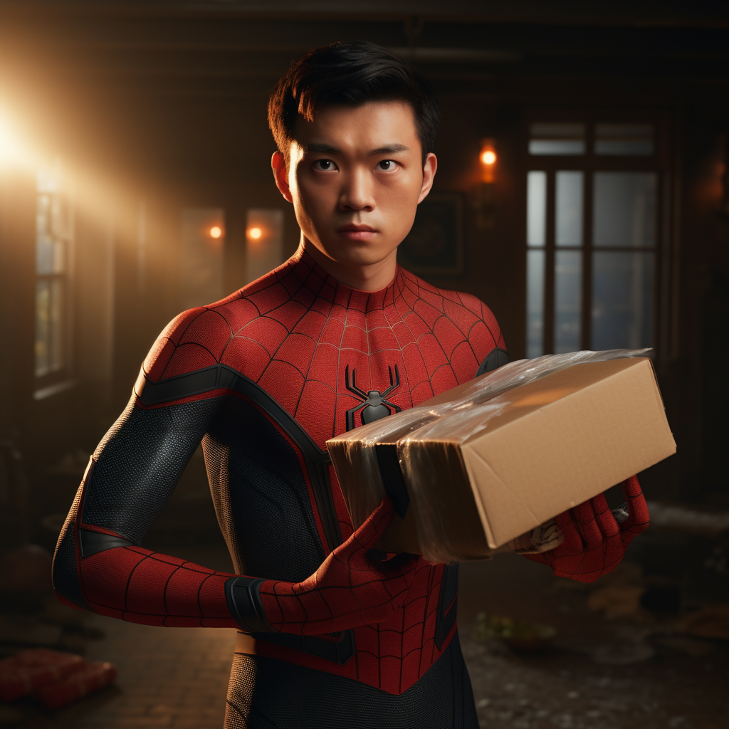 Asian Spider-Man holding an empty box