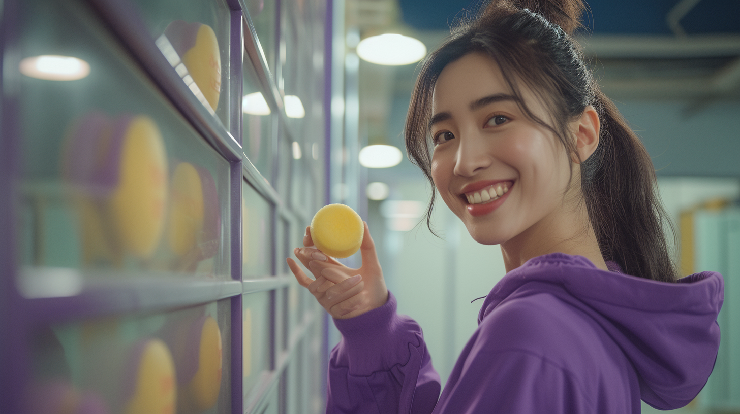 Smiling Asian Woman in Purple Outfit Mirror