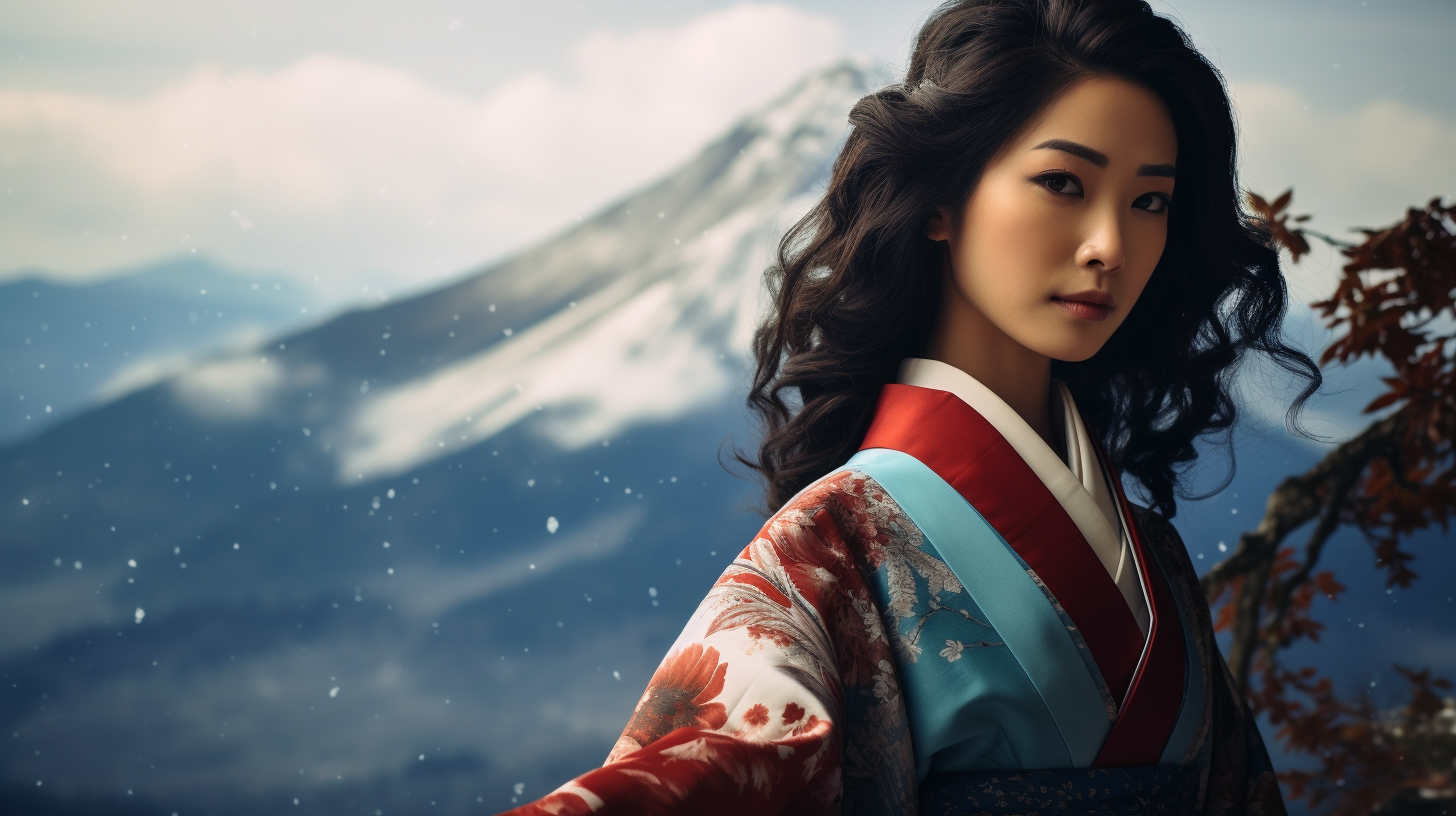 Beautiful Asian woman in traditional Japanese kimono on Mount Fuji