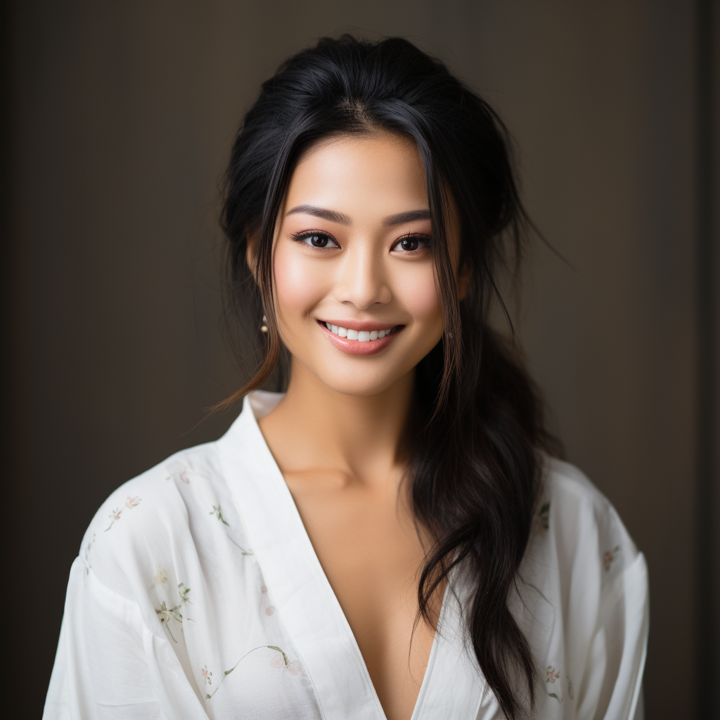 Young Asian woman in white geisha suit smiling