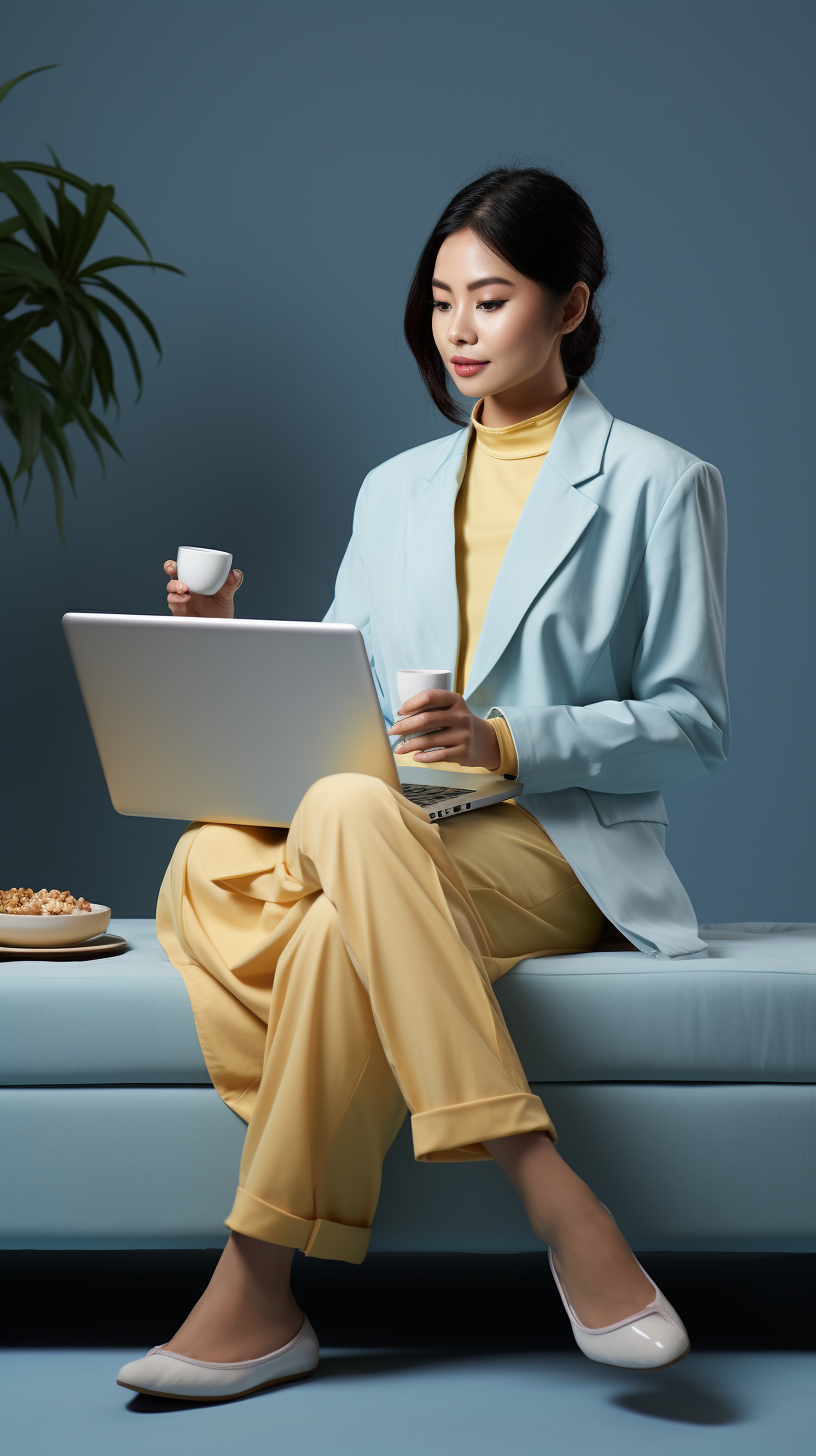 Asian woman working on the table with laptop and coffee