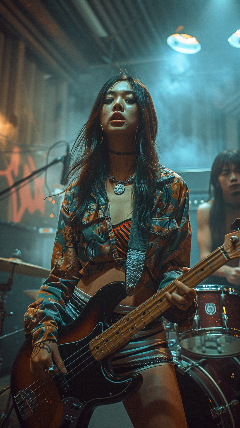 Four Asian youths playing musical instruments in warehouse