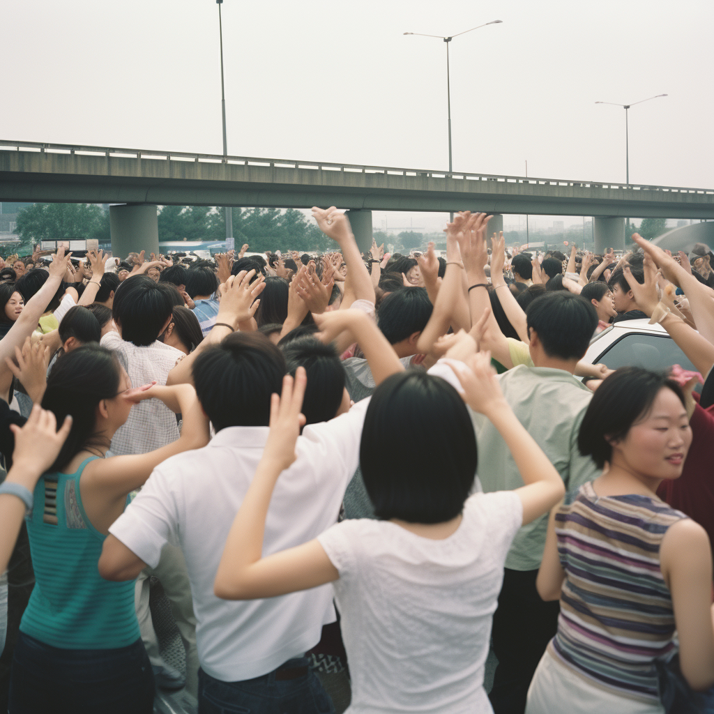 Asians Partying Traffic Jam Summertime Dancing