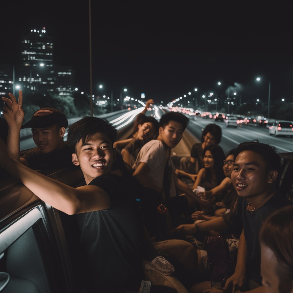 Asians Partying on Freeway Traffic Jam