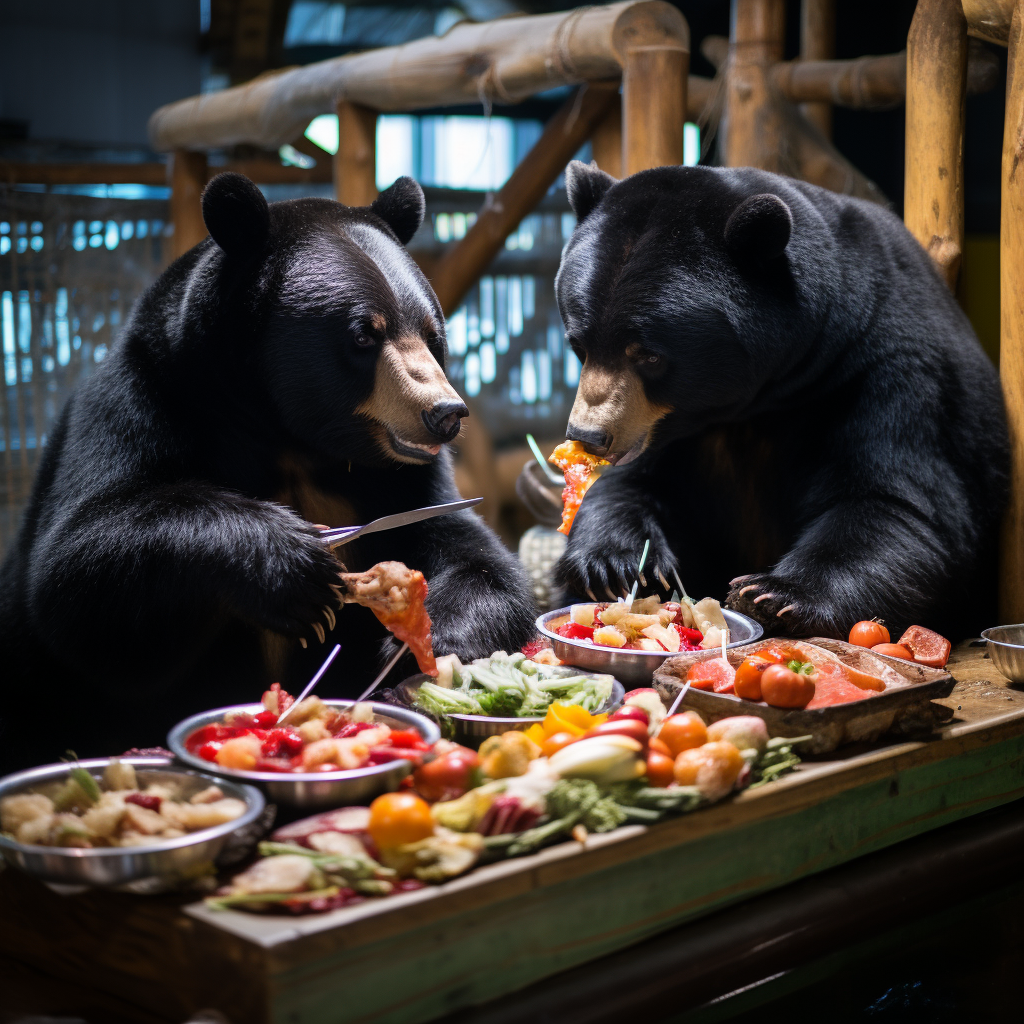 Asiatic Black Bears eating sushi at a train