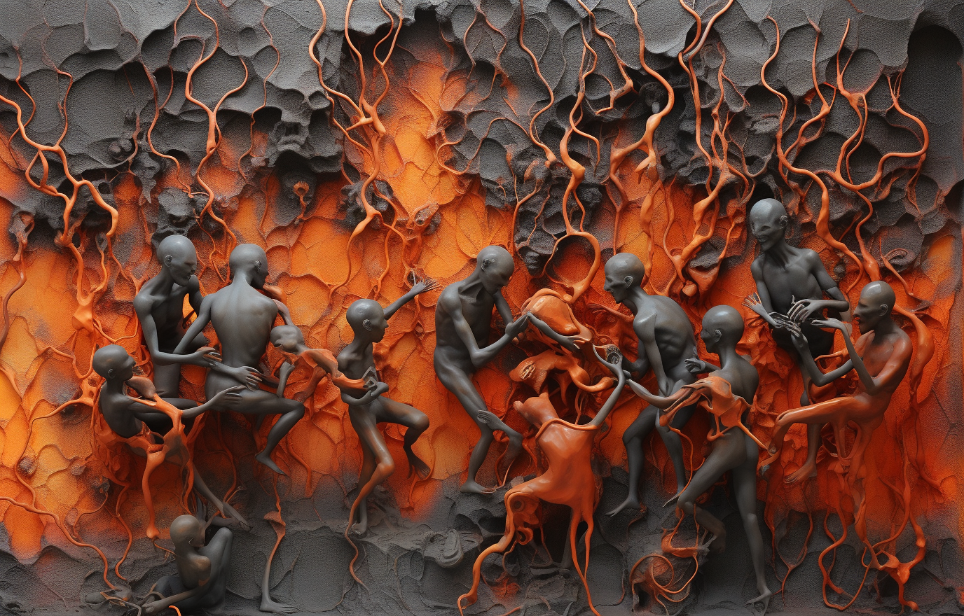 Vibrant assemblage art sculpture with flaming globules