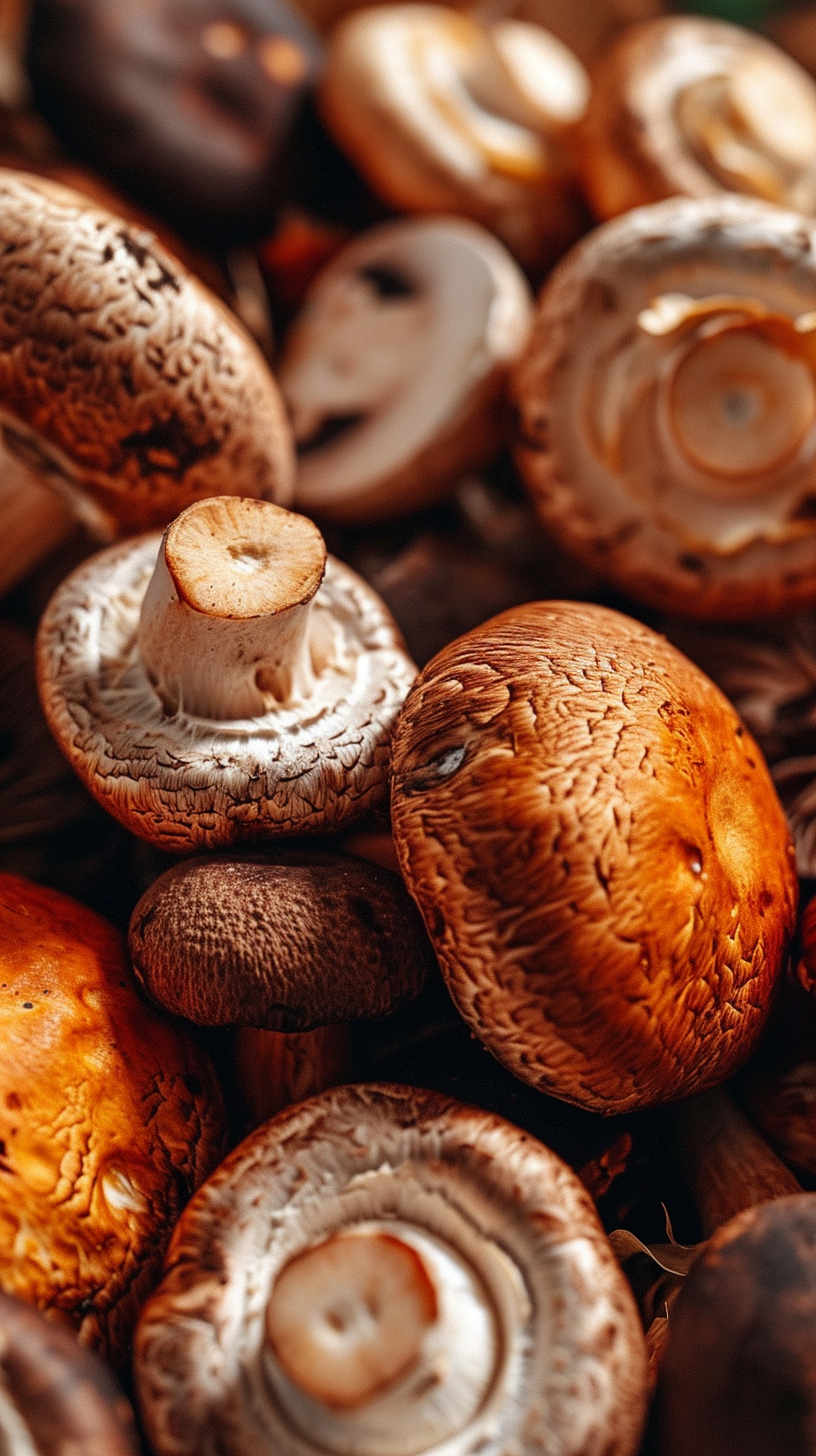 Close-up of Shiny Assortment of Antioxidant-Rich Mushrooms