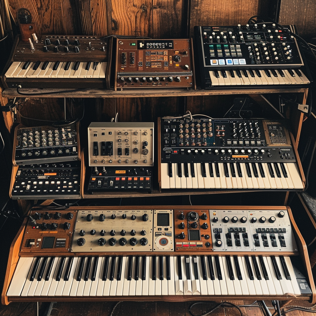 Assortment of synths on plain background