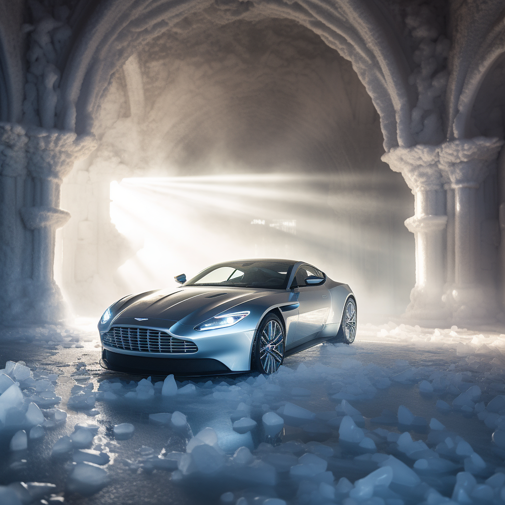 Aston Martin DB12 in ice castle sunlight