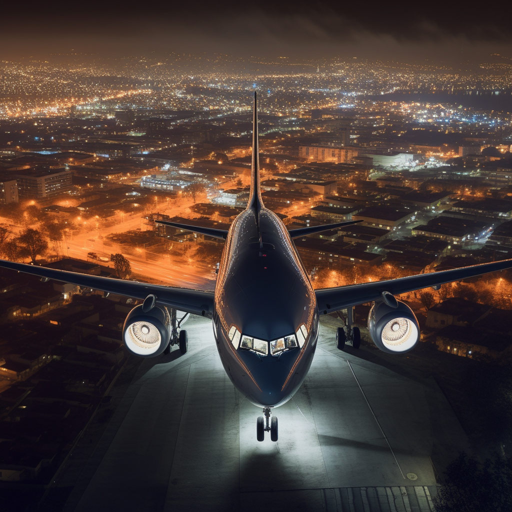 Eye-level view of commercial aircraft illuminated by city lights