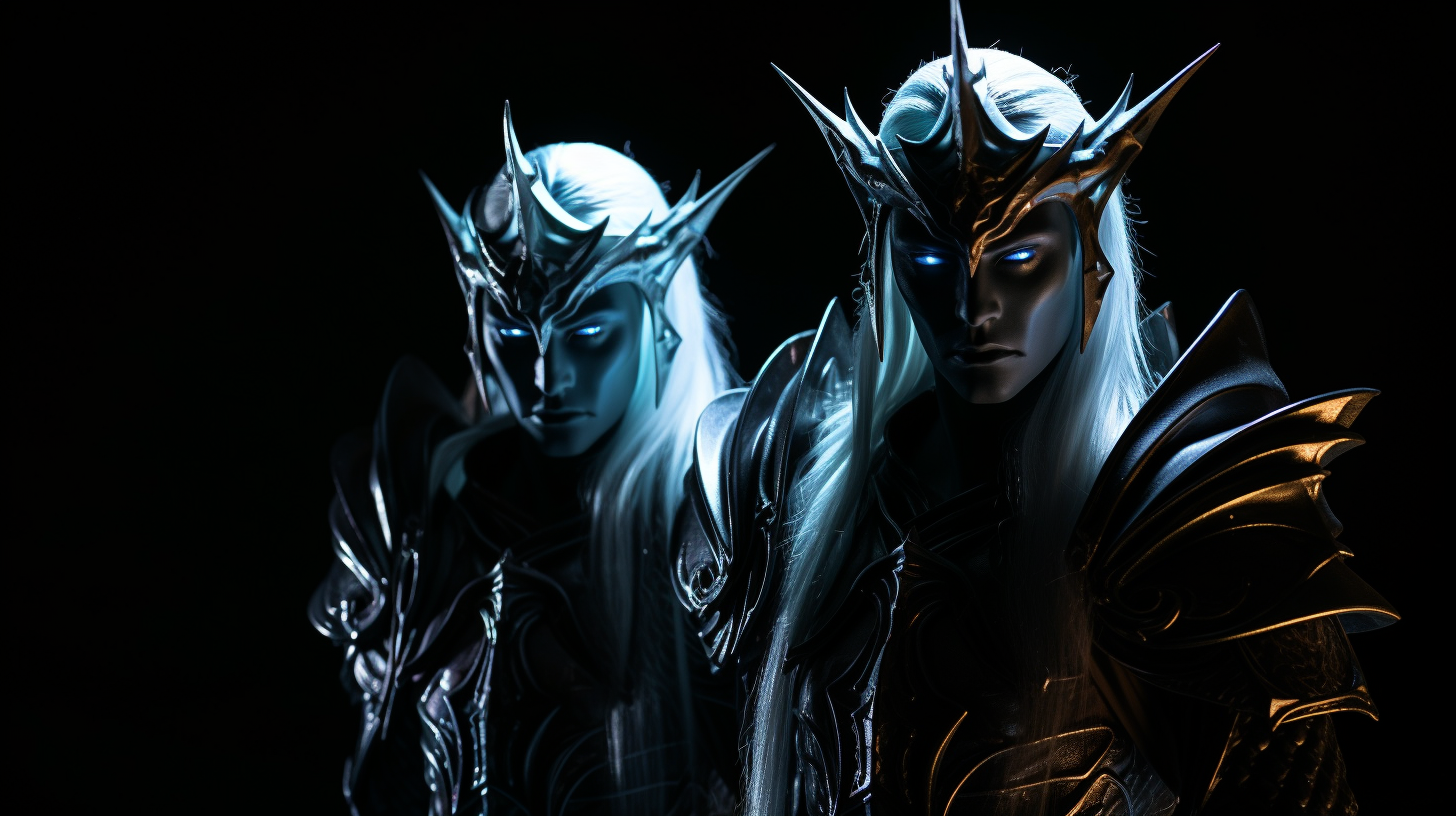 Two stern astral elf guards in low light