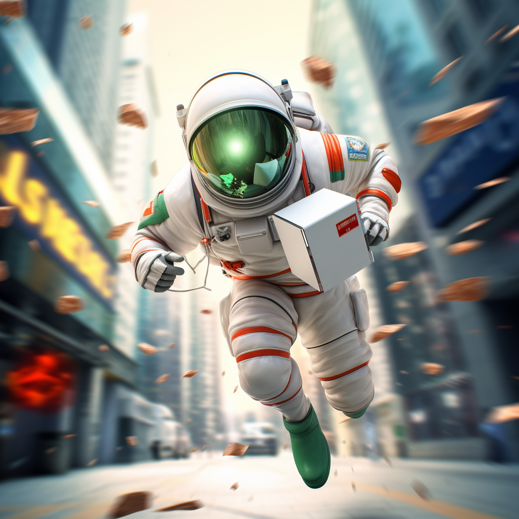 Astronaut character running in city holding mail envelope