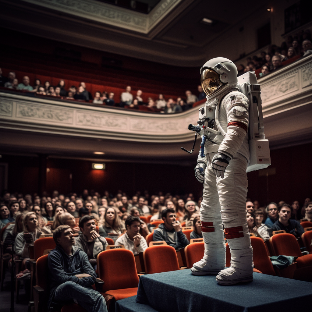 Astronaut giving inspiring college lecture