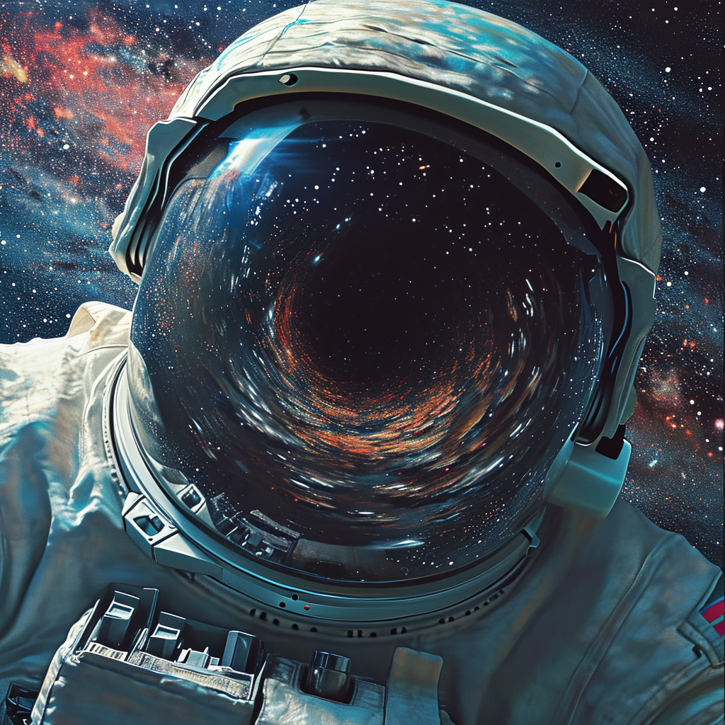 Hyper realistic portrait of astronaut crossing black hole event horizon