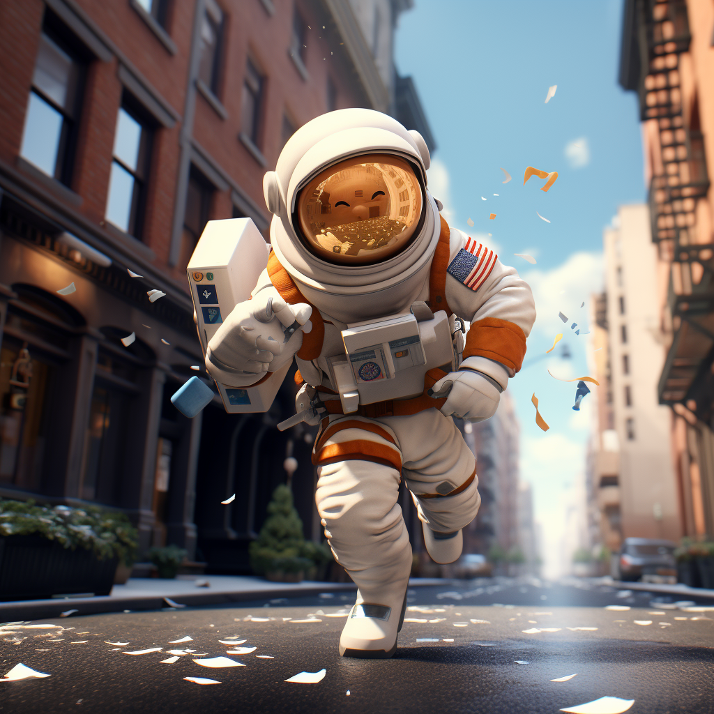 Astronaut running in city delivering mail