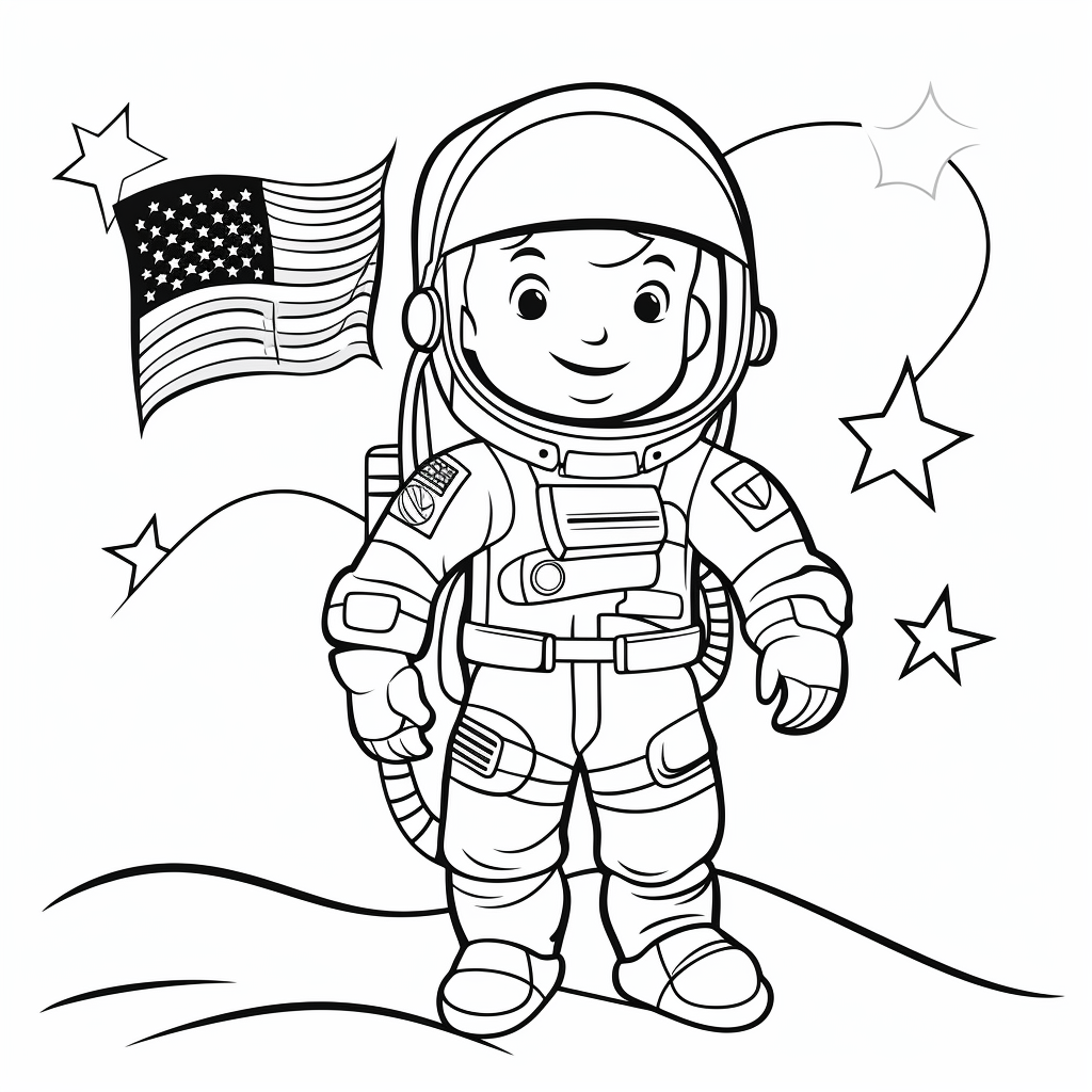 Coloring sheet of astronaut with flag