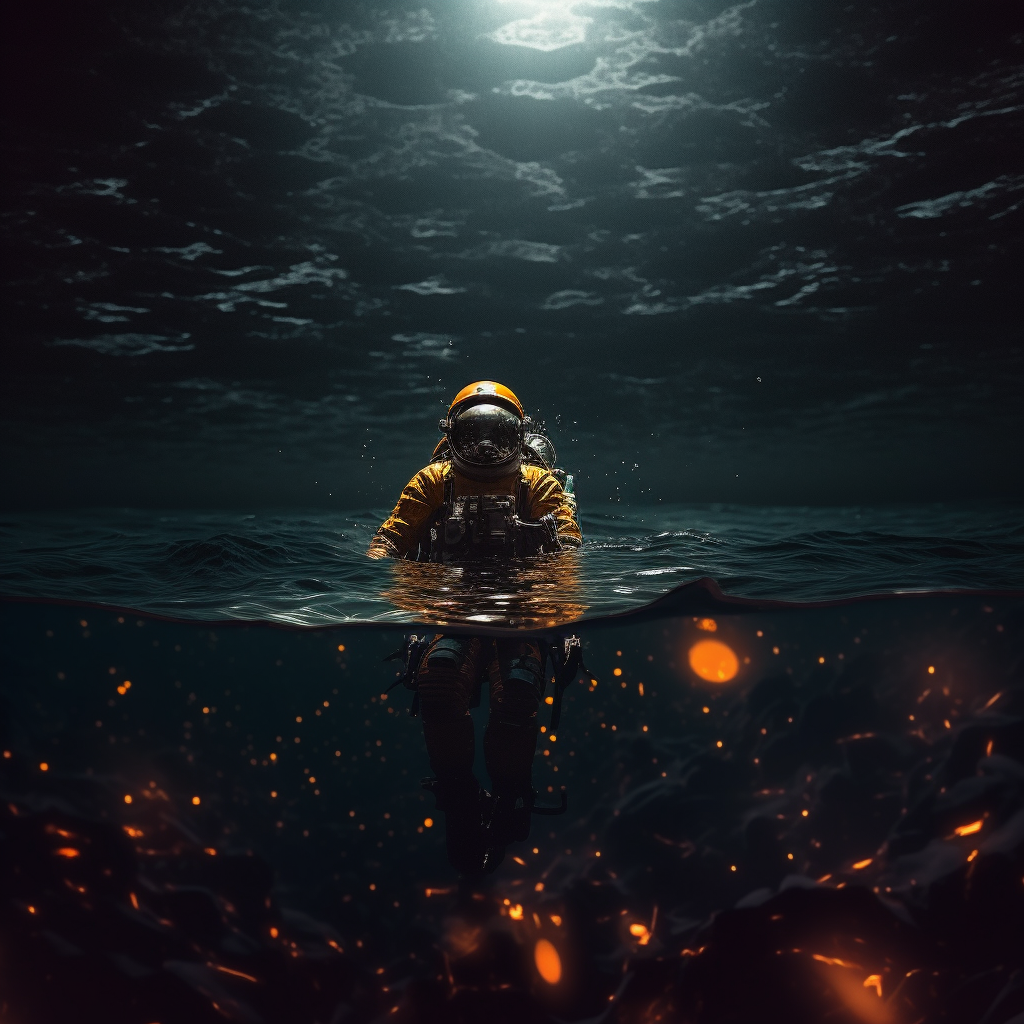 Astronaut floating on biluminescent ocean at night