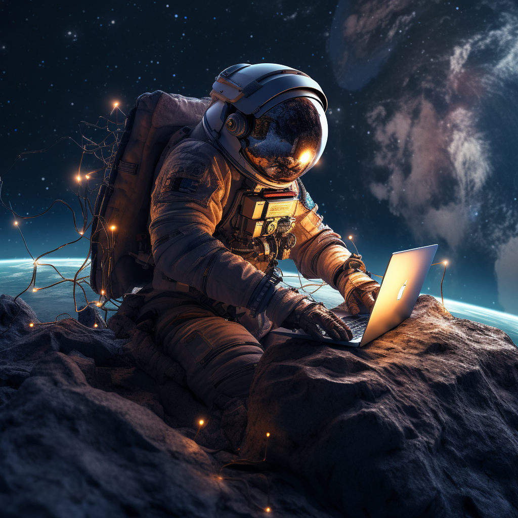 Astronaut floating in space working on laptop