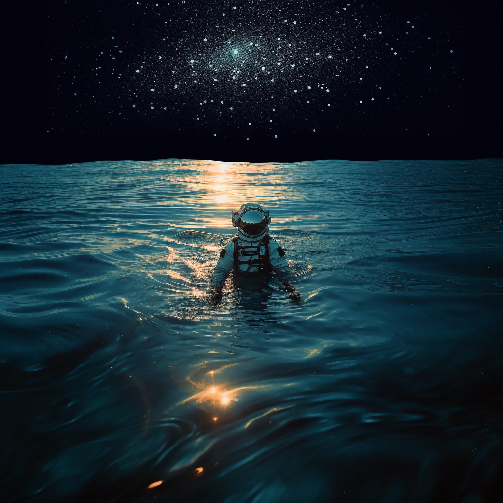 Astronaut floating on phosphorous ocean under full moon