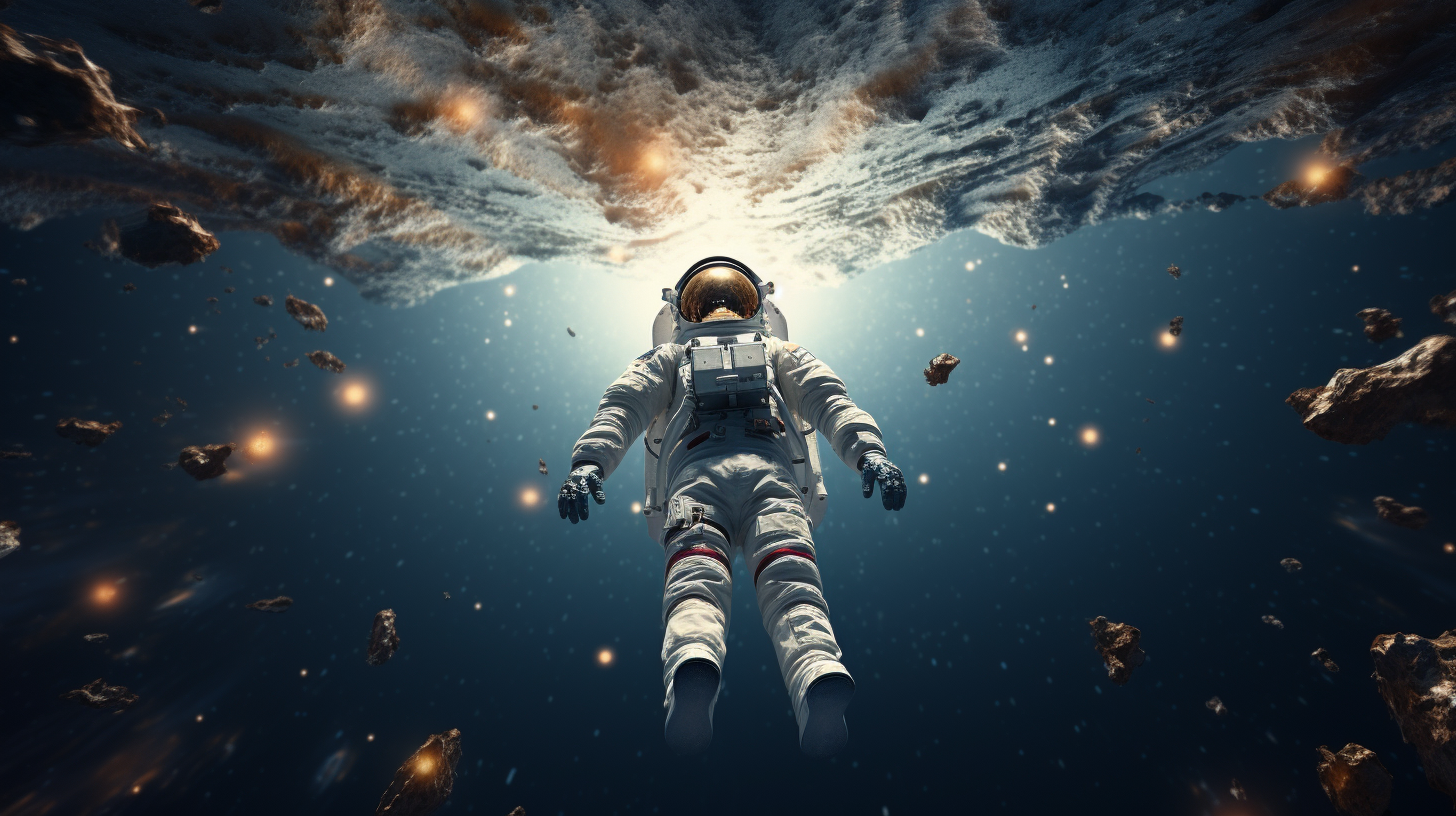 Astronaut floating in universe gazes at Earth