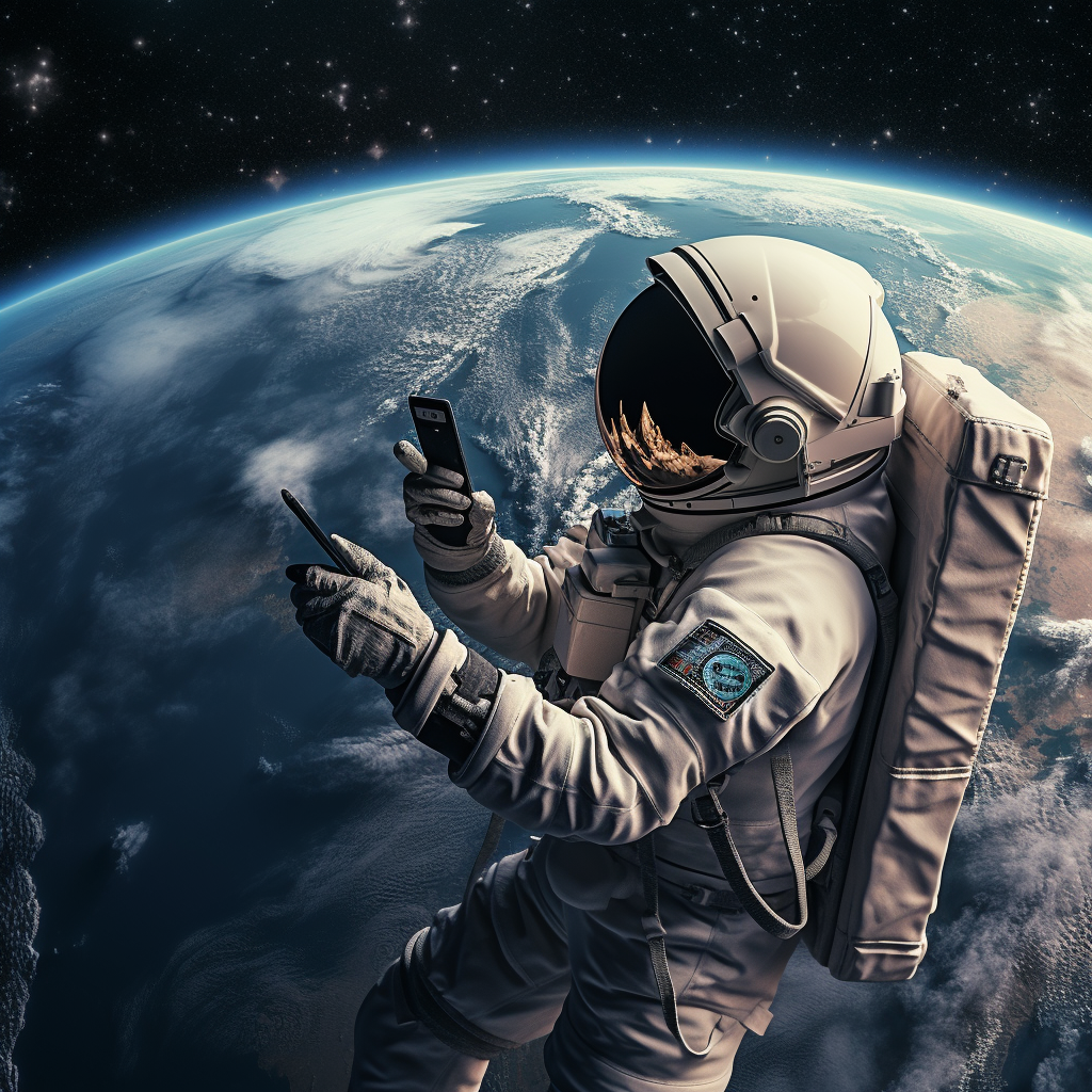 Astronaut holding phone with satellite in space