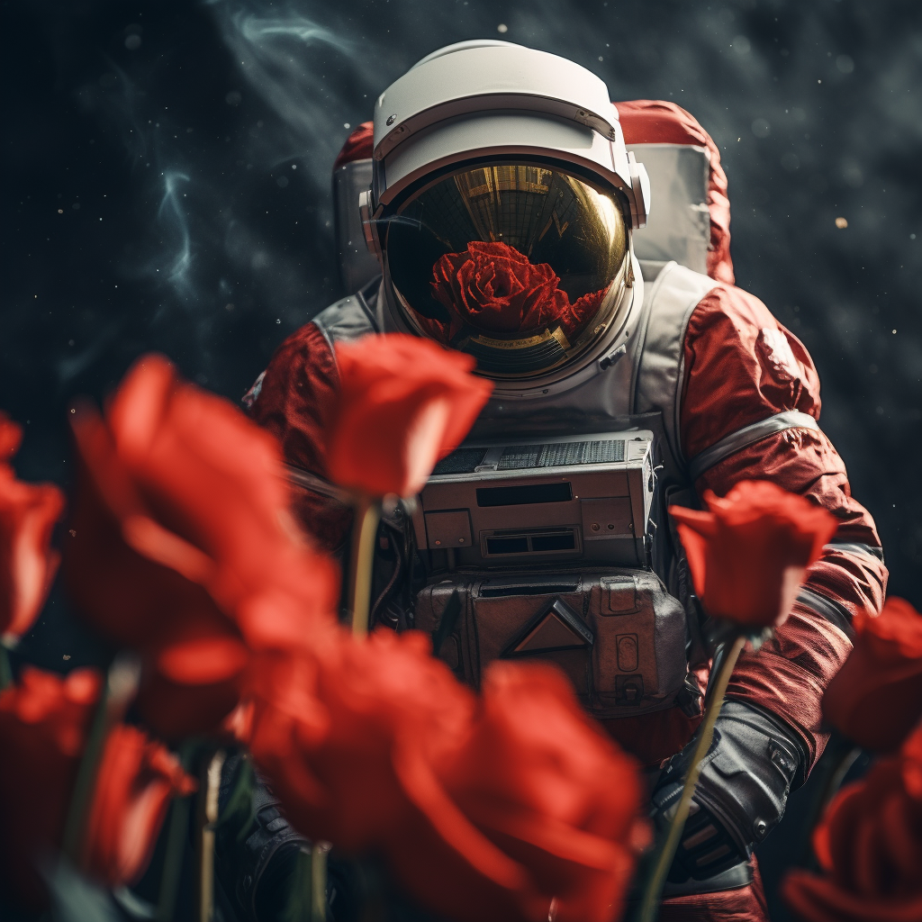 Astronaut holding red giant peony Turkish flag