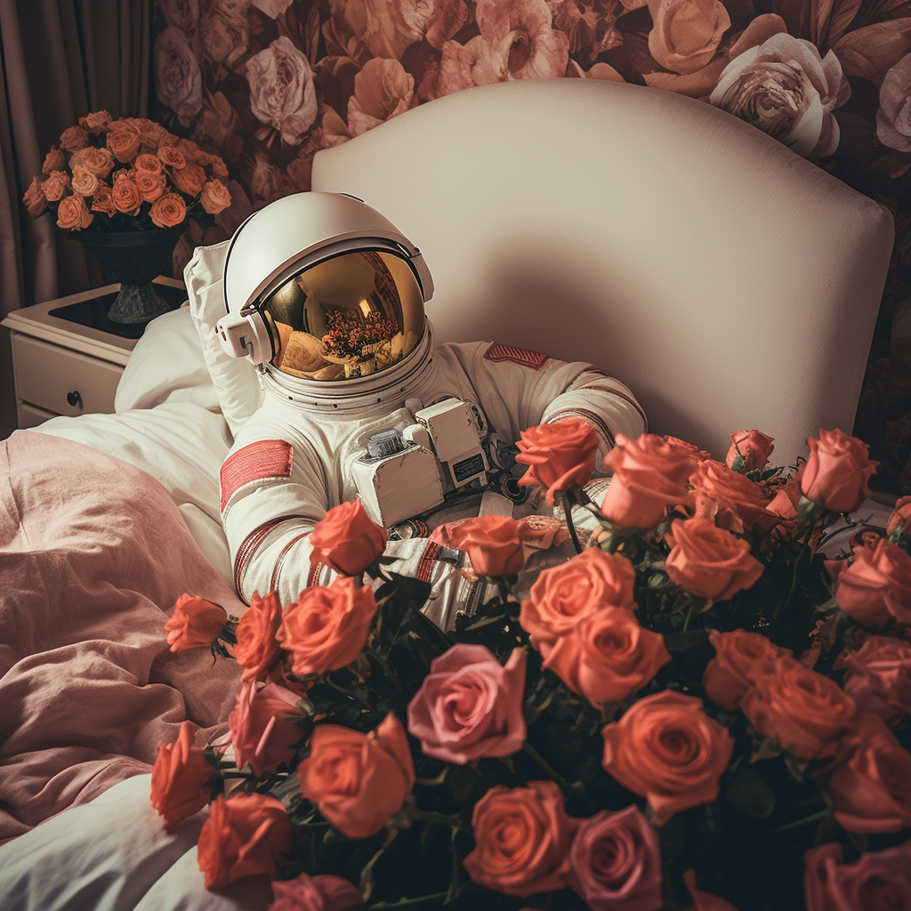 Astronaut on bed with roses