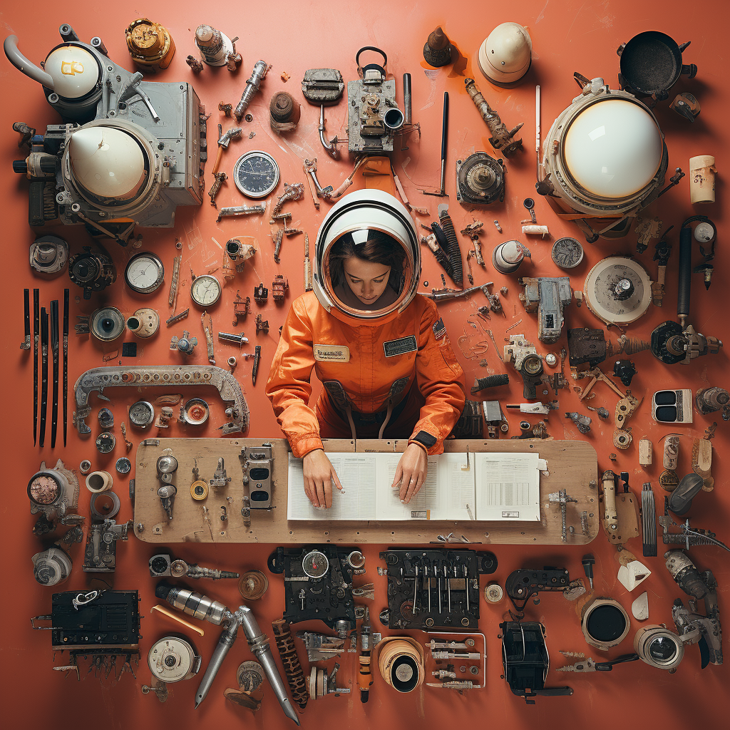 Female astronaut with inventory on table