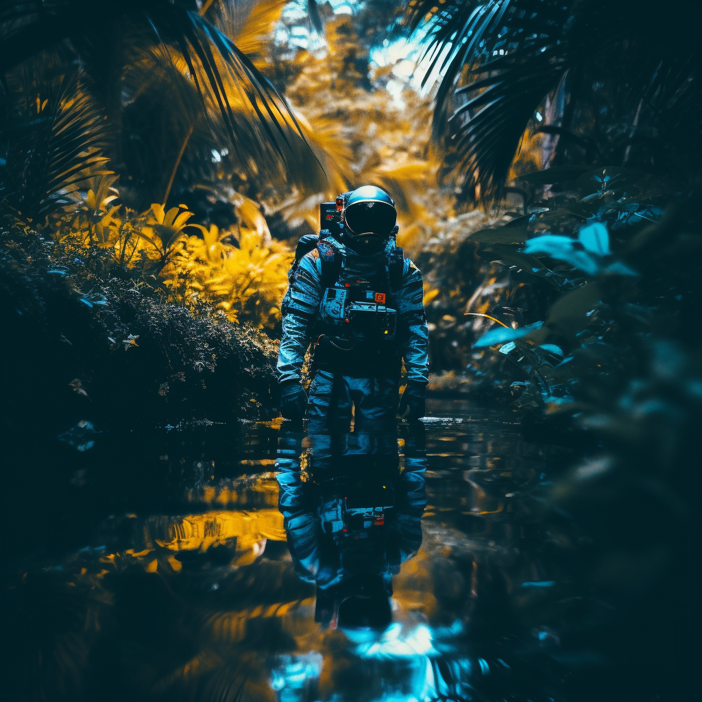 Astronaut in jungle with creatures