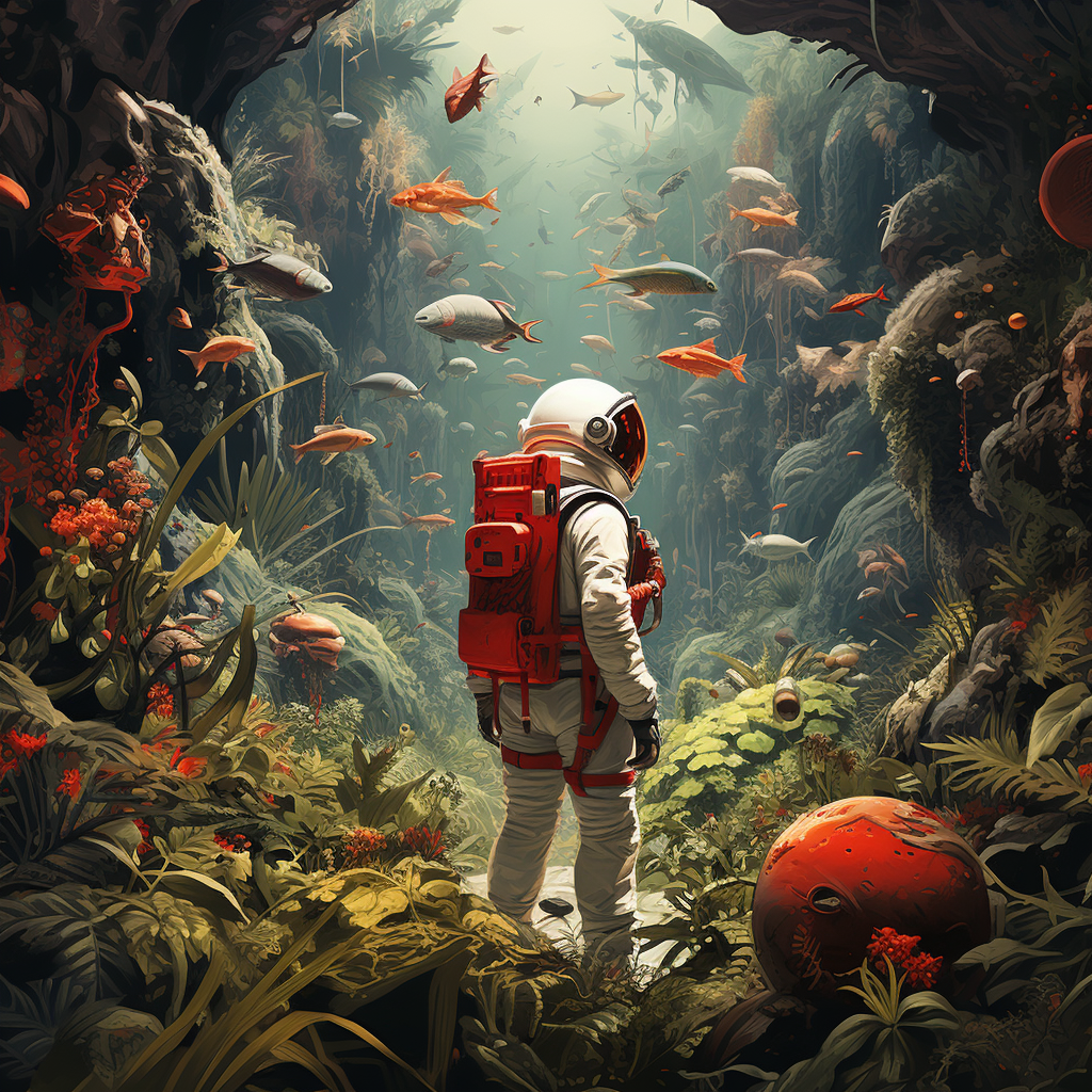 Astronaut in jungle with weird creatures