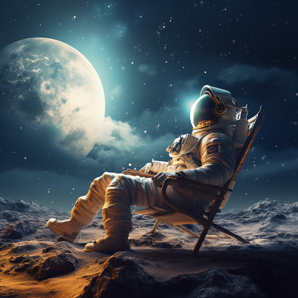 Astronaut enjoying galaxy from lawn chair