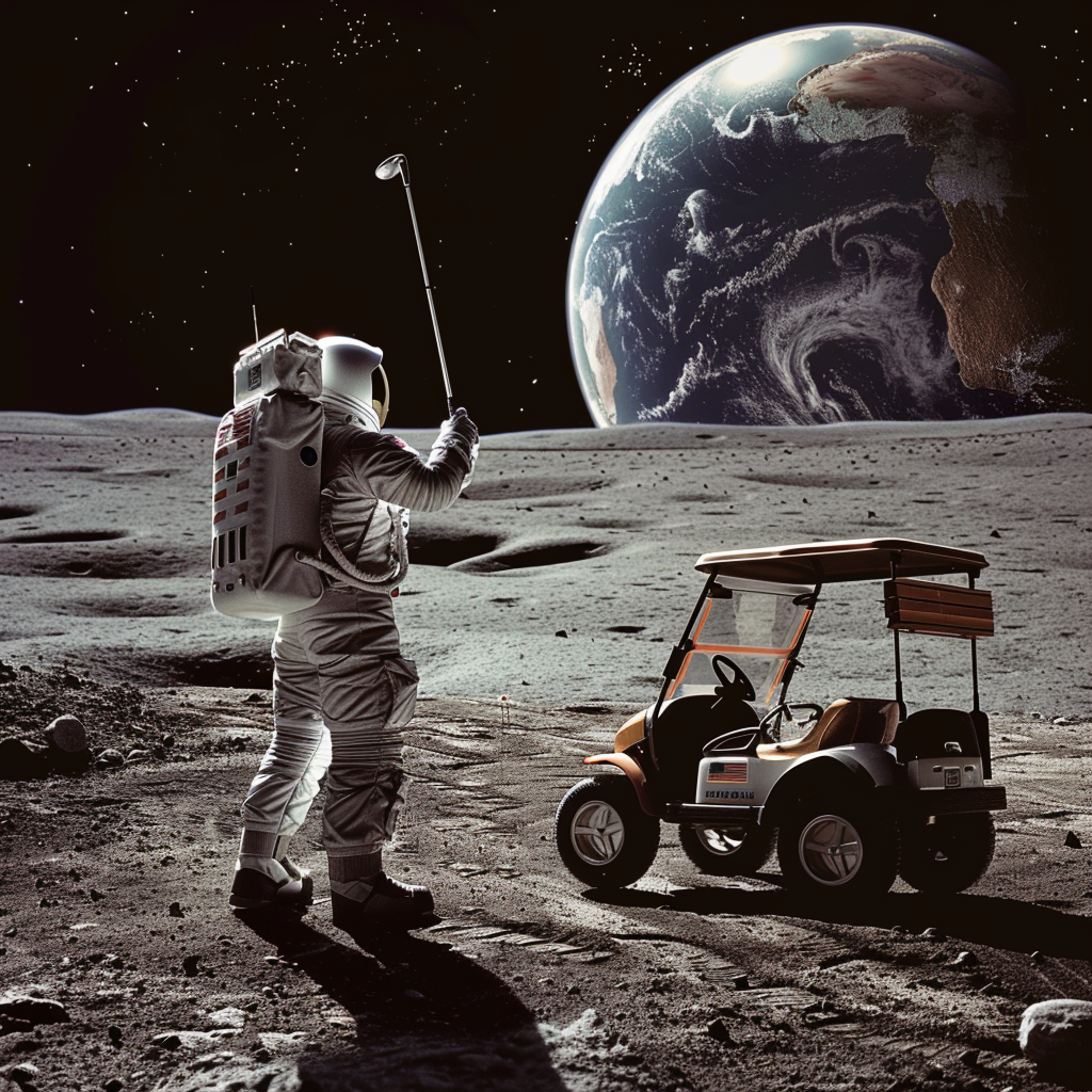 American astronaut golfing on lunar surface