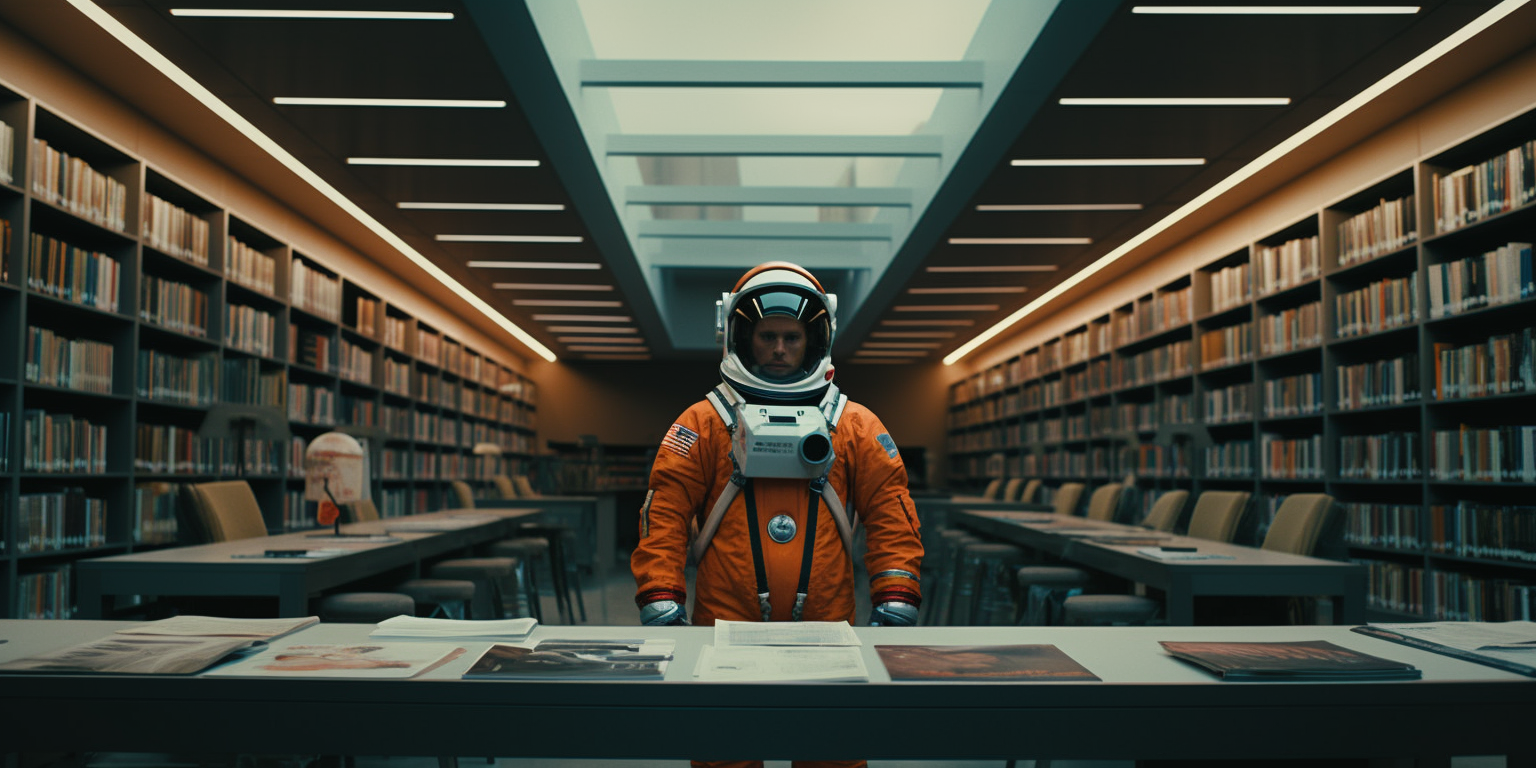 Astronaut speaking into megaphone at library