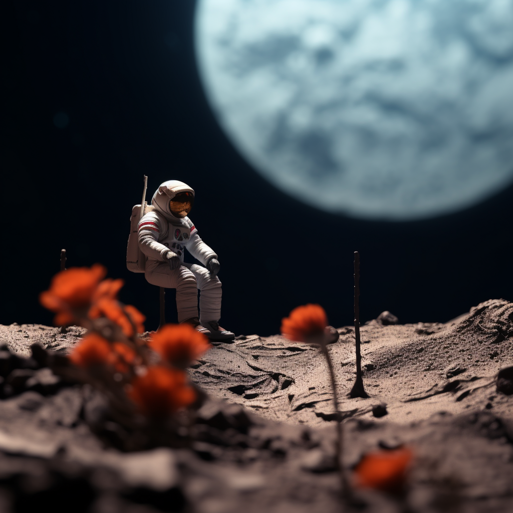 Astronaut resting on moon crater with flower