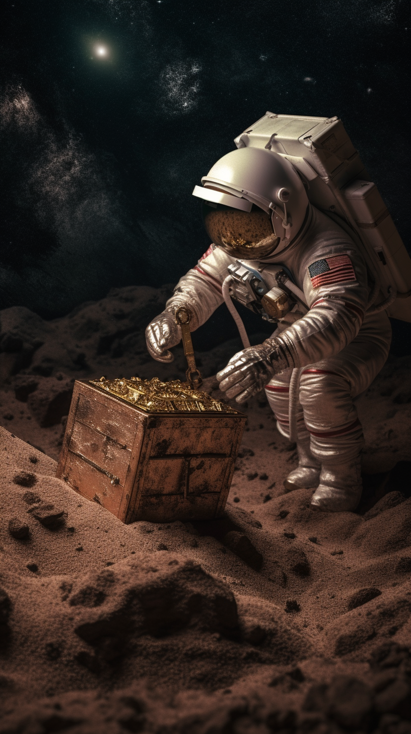 Astronaut opening a treasure chest on the moon