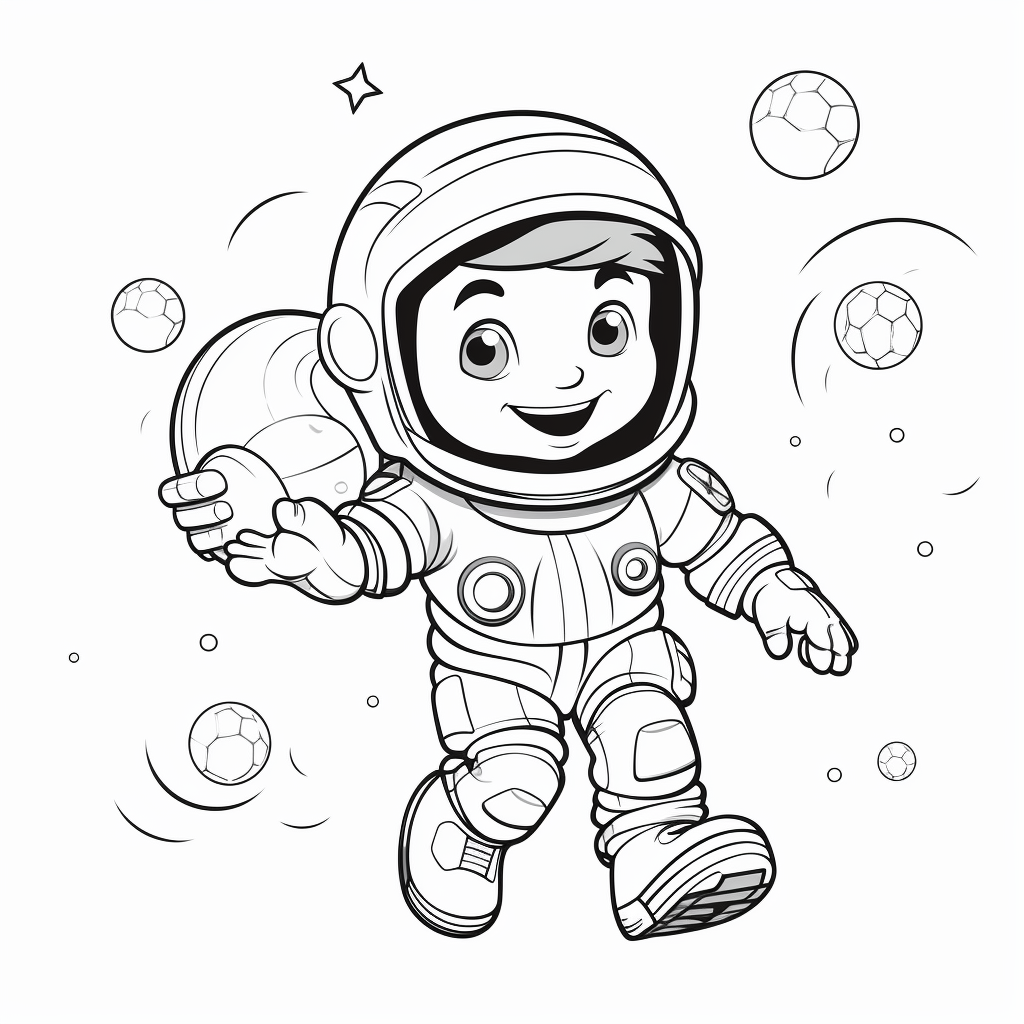 Coloring sheet of an astronaut playing with a ball