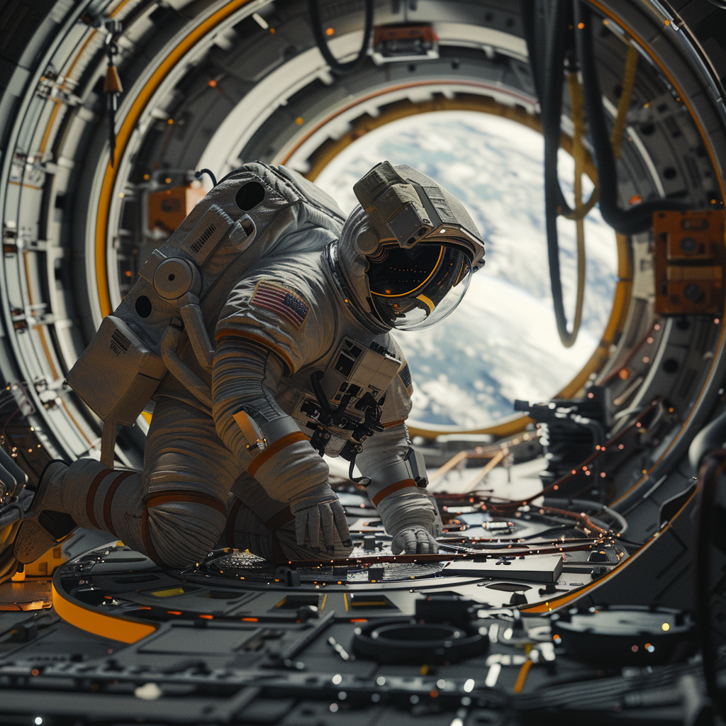 astronaut repairing space station Earth background