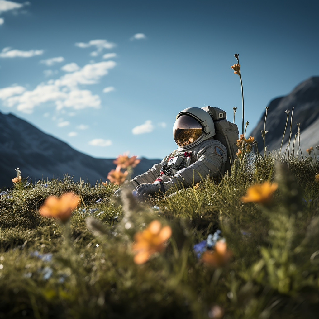 Astronaut resting on moon crater with flower and grass