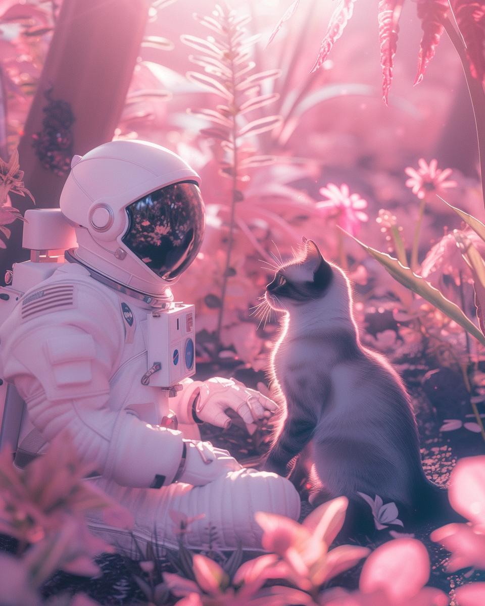 Astronaut with Siamese cat in jungle